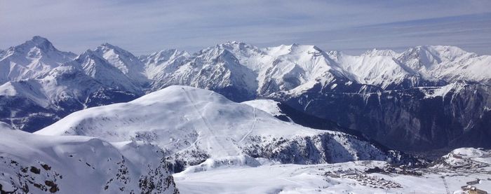 Scenic view of snowcapped mountains against sky