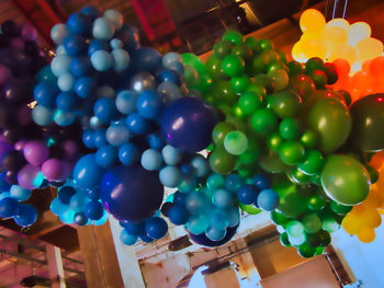 Low angle view of multi colored balloons