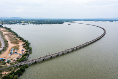 Aerial view of railway bridge above the reservoir of pa sak jolasid dam at lopburi, amazing thailand 