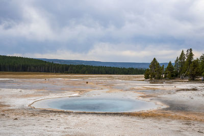 Beautiful view of hot spring pool amidst landscape with cloudy sky in background