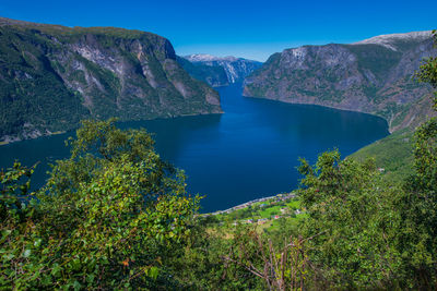 Scenic view of lake and mountains against clear blue sky