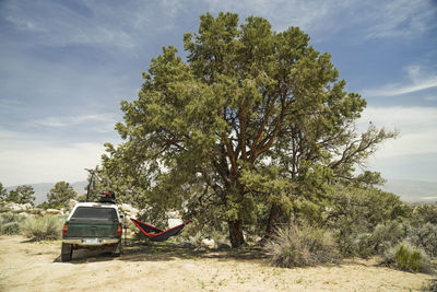 Female hiker resting in hammock on field