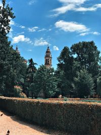 Trees by building against sky