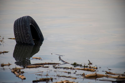 Reflection of person in lake during winter