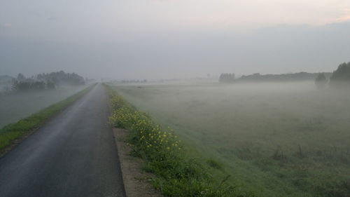 Road amidst landscape against sky during foggy weather