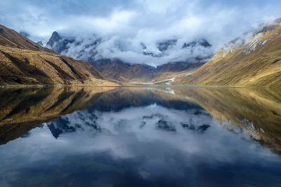 Scenic view of lake and mountains against sky