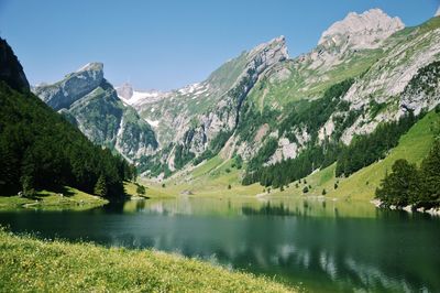 Scenic view of lake and mountains against sky