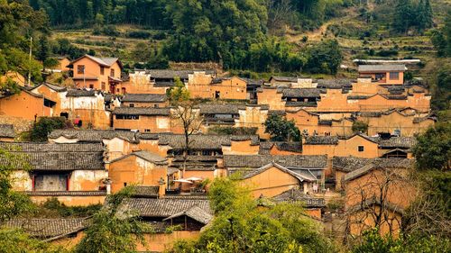 High angle view of houses in town