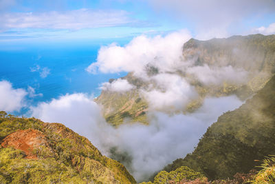 Scenic view of waterfall against sky