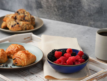 Close-up of breakfast served on table