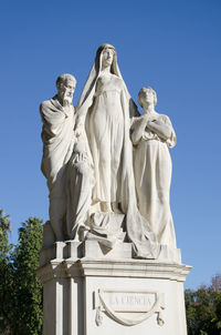 Low angle view of statue against clear blue sky