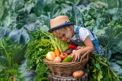 Portrait of boy holding vegetables in basket