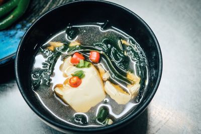 High angle view of soup in bowl on table