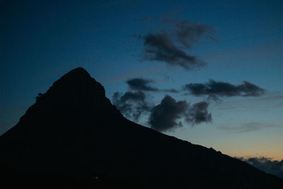 Low angle view of silhouette mountain against sky at dusk