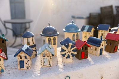 High angle view of figurines on table