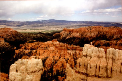 View of rock formations against cloudy sky