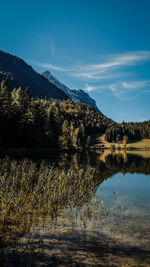 Scenic view of lake and mountains against sky