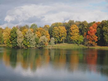 Scenic view of lake by trees against sky