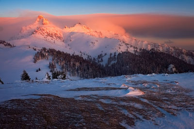 Scenic view of mountains against sky during winter