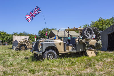 Flags on field against clear sky