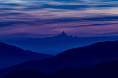 Scenic view of silhouette mountains against sky during sunset