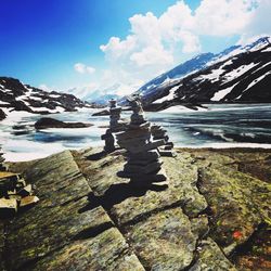 Scenic view of lake by mountains against sky