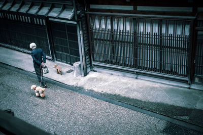 Rear view of man walking on street