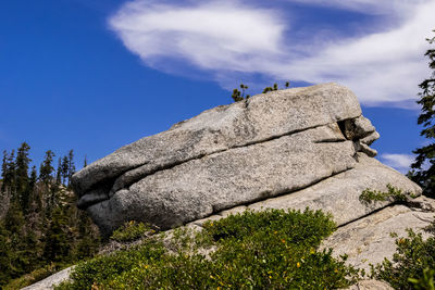 Low angle view of rocks on mountain against sky