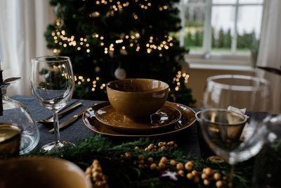 Place setting on a decorated festive table setting