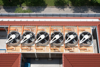 High angle view of exhaust fans on roof