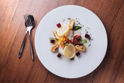 High angle view of breakfast on table