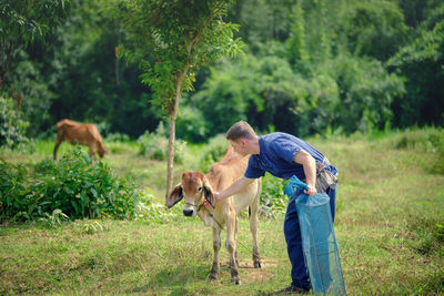 Young man with calf on field