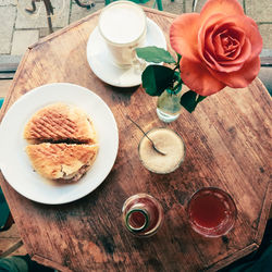 High angle view of meal served on table