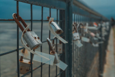 Padlocks hanging on railing by bridge