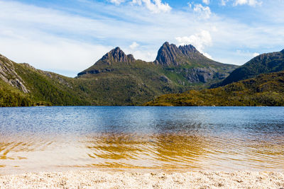 Scenic view of lake and mountains against sky