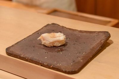 High angle view of dessert in plate on table