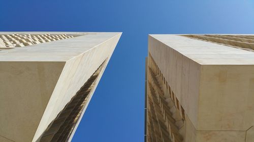 Low angle view of building against clear blue sky