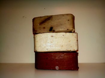 Close-up of stack on table