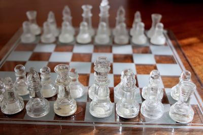 High angle view of chess pieces