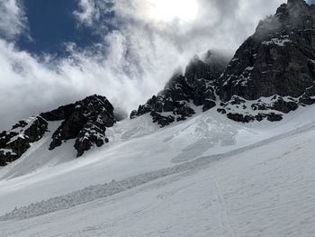 Scenic view of snow covered mountains against sky