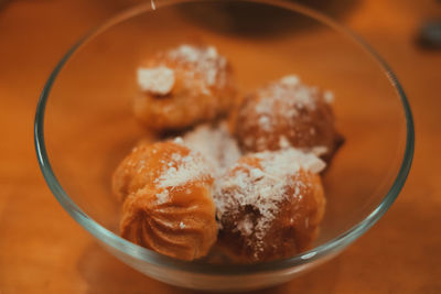 High angle view of dessert in bowl on table