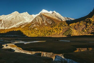 Scenic view of lake and mountains against clear blue sky