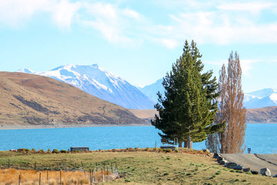 Scenic view of lake and mountains against sky