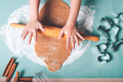 High angle view of woman preparing food