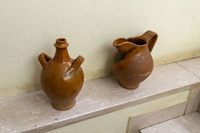 High angle view of shells on wall