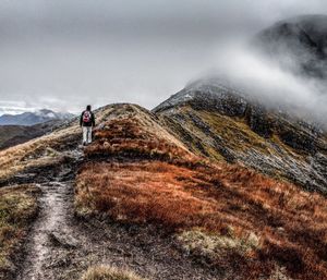 Rear view of man standing on mountain during foggy weather