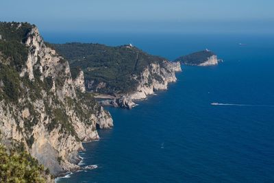 High angle view of sea and rocks against sky