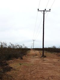 Electricity pylon on land against sky