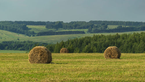 Hay bales on field against sky