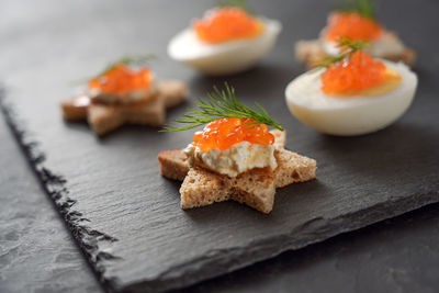 Close-up of seafood served on table